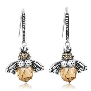 New Adorable Dancing Sterling Silver & Amber Glass Bumble Bee Earrings
